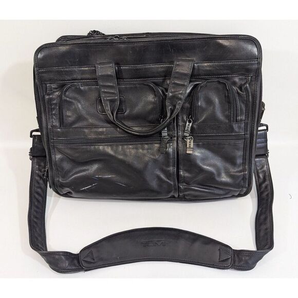 TUMI Alpha Expandable Large Leather Briefcase  Laptop Messenger Shoulder Bag - Picture 2 of 16